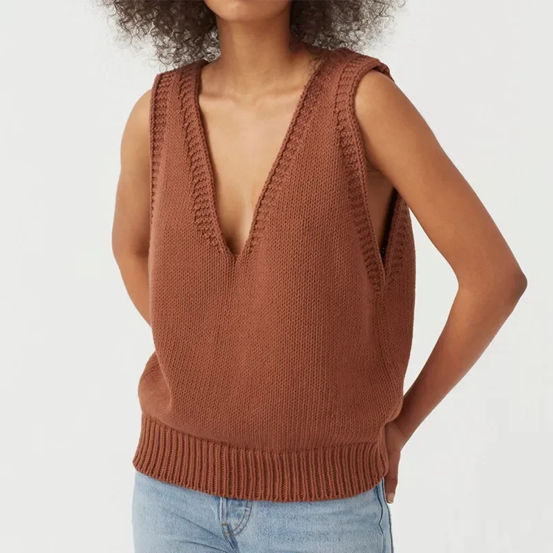 2023 Women Solid Brown Knitted Vest Sleeveless Sweater V Neck Cotton Loose Knitwear Jumper Vest For Women