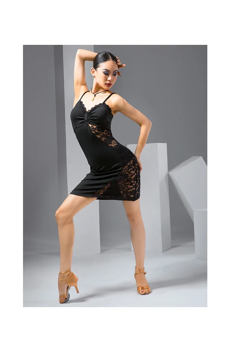 Novo vestido de dança latina de renda preta feminino sem mangas roupas de prática rumba vestido de competição de dança de salão tango traje jl5133