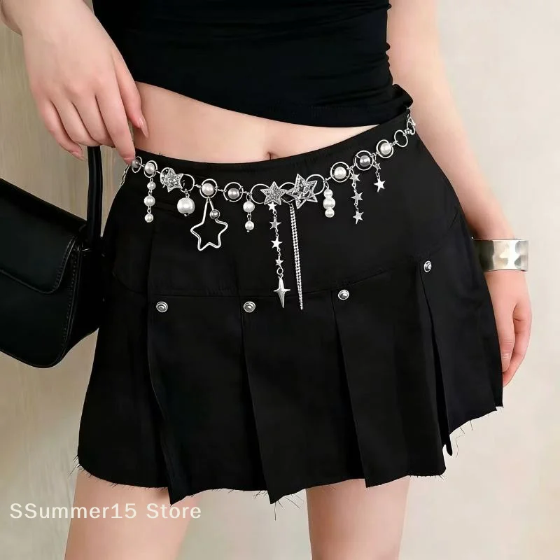 【R】Shiny Rhinestone Pentagram Waist Chain For Women Bling Crystal Pearl Chain Tassel Belt Body Chain Y2K Jewelry