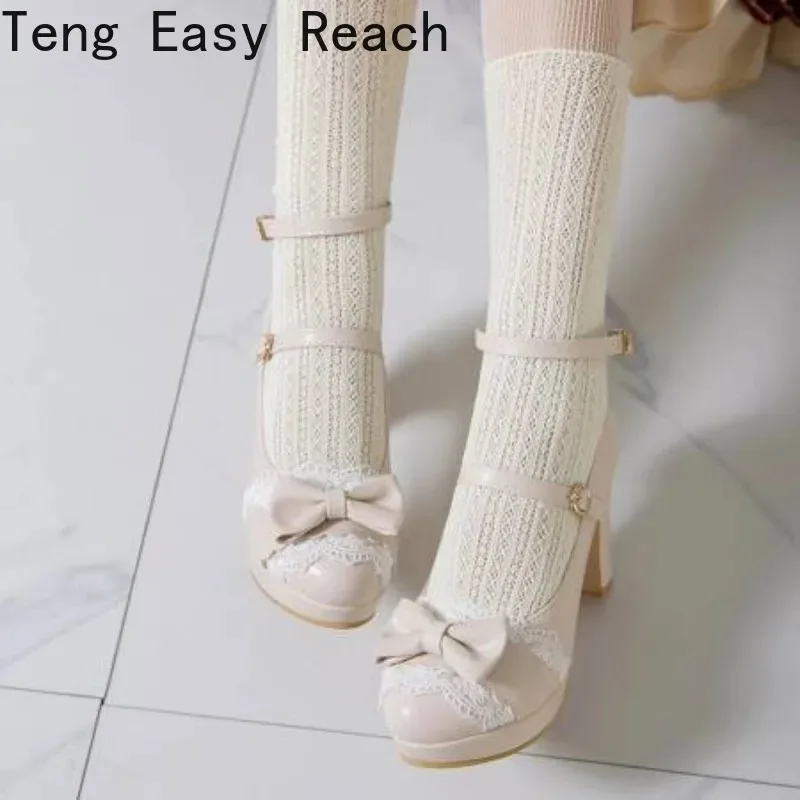 Cross Strap Women High Heels Mary Jane Pumps Party Wedding Cosplay White Pink Black Strawberry Bow Princess Lolita Shoes