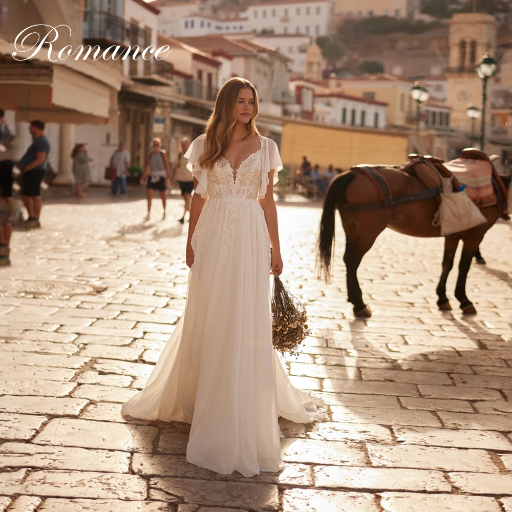 Elegante renda a linha vestido de casamento plissado batwing mangas abertas volta chiffon appliqued vestido de noiva vestidos de novia personalizado