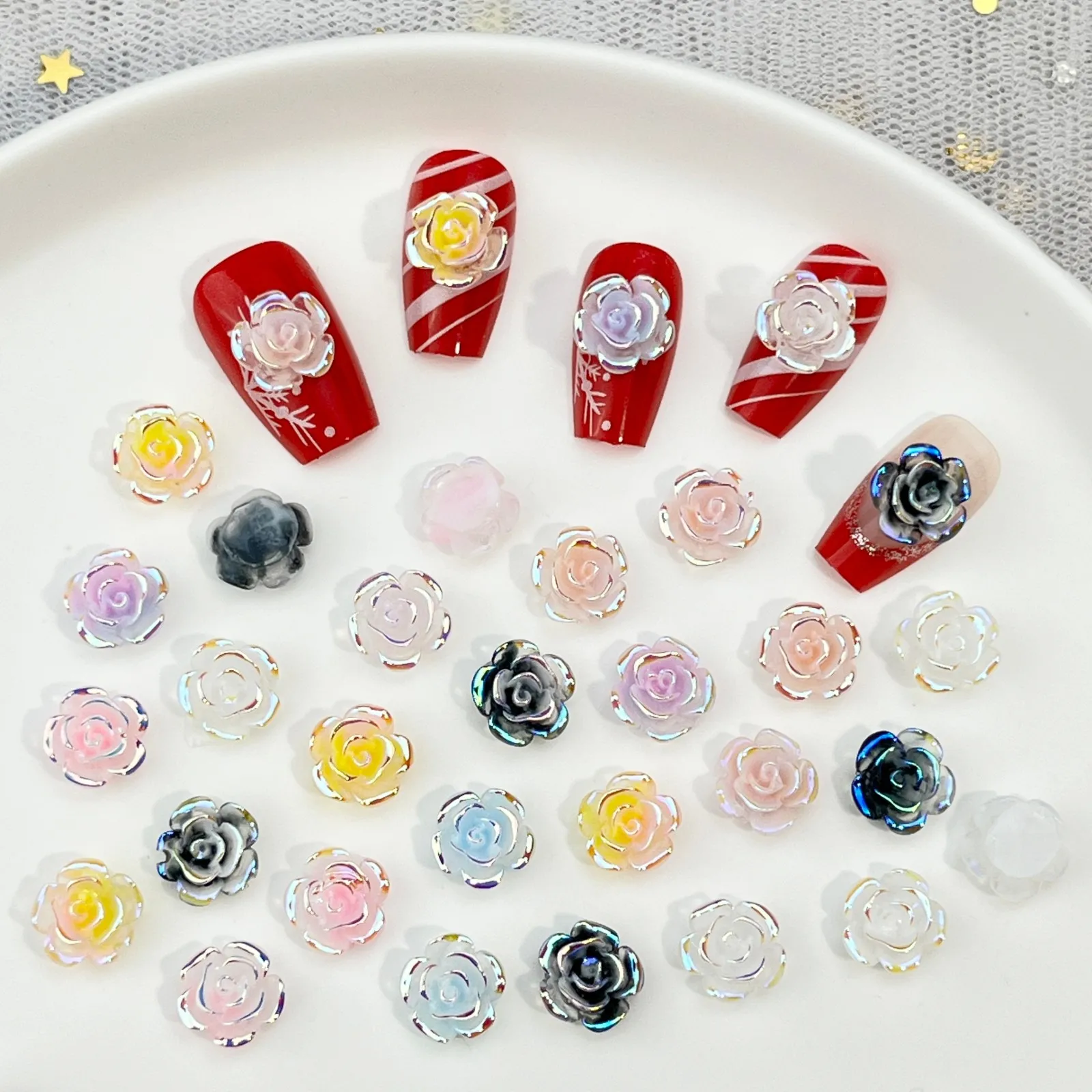 50PCS 7 Colors Of Aurora-Effect Rose Nail Art Resin Accessories: 3D Multi-Layer Petal Design For Nail Art Decoration Embedding