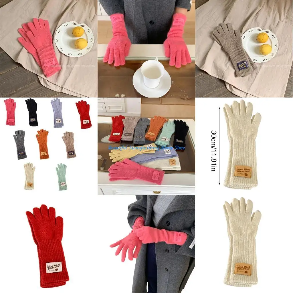 

E56A Winter Gloves Full Finger Knit Mitten with Lengthen Wrist Cuffs for Adult Teens