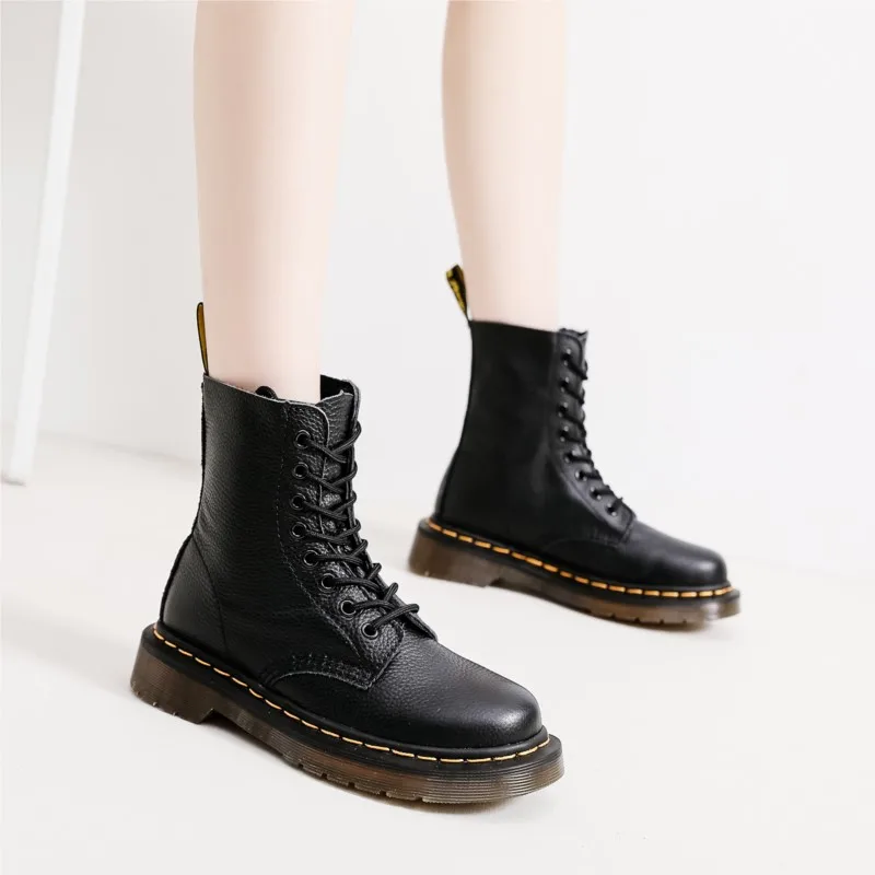 

Women's Autumn and Winter Motorcycle Boots Flat Heel Chunky Heel English Style Mid-Calf Knee-High Boots with Cowhide for Women