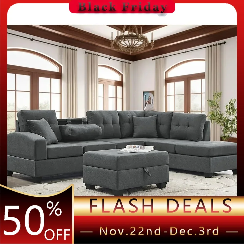 Comfy Oversized Corner Sofa Sofas Sectional L Storage Ottoman & Chaise Gray Linen Sofas freight free