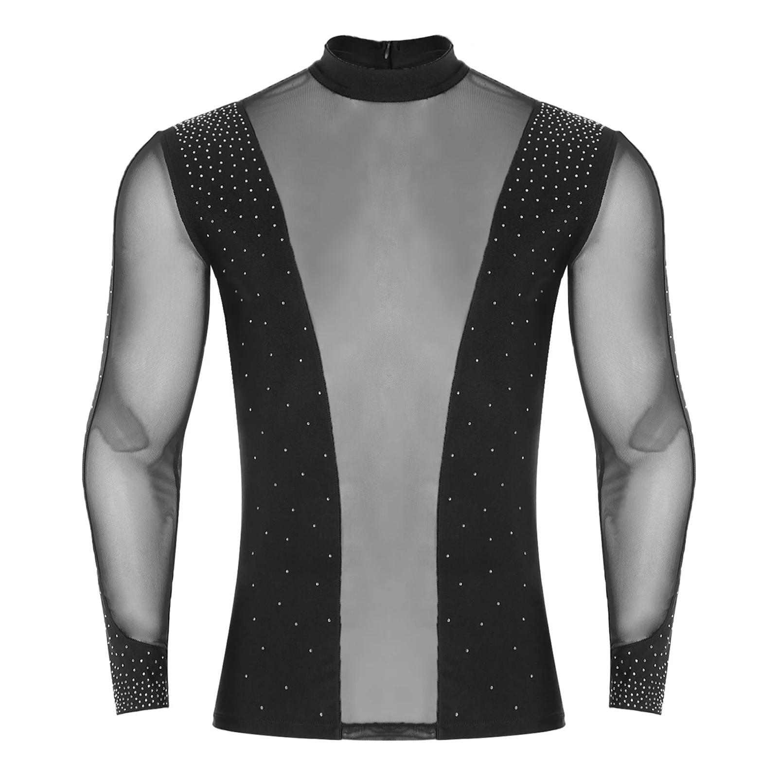 Chacha tango dança latina topo pura malha retalhos brilhantes strass mock pescoço manga longa camiseta blusa para palco de balé