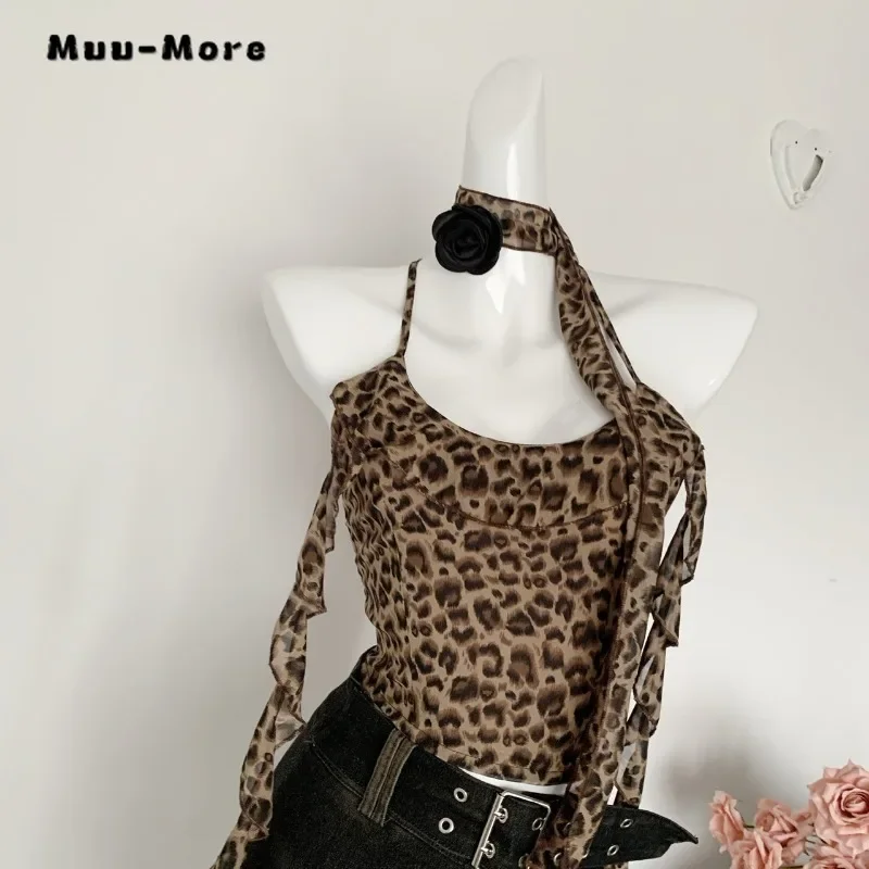 Women Vintage Hotsweet Leopard Print Sleeveless Tanks Top 2024 Summer Fashion Slim Fit Lace-up Crop Top Asymmetrical Sexy Vest