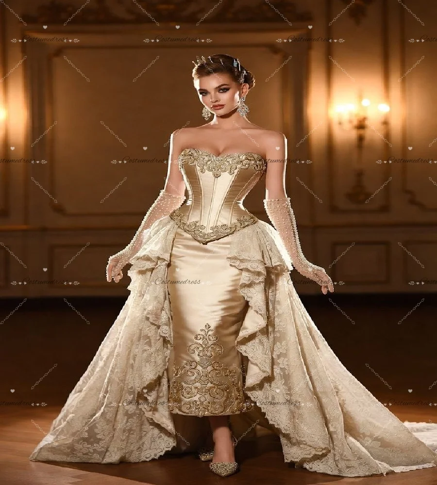 Elegant Champagne Evening Dress With Overskirt Train Victorian Lace Prom Dress 2026 Sweetheart Costume Formal Occasion Birthday