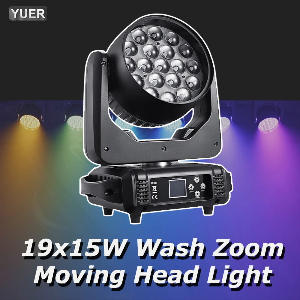 yuer led rgbw feixe e lavagem zoom moving head light 19x15w dmx512 dj disco festa bar dance floor efeito de palco equipamento de iluminacao 01