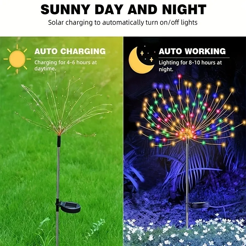 8-Mode Solar LED Fireworks Fairy Lights Multi-Color IP65 Waterproof Solar Garden Flower Lights for Outdoor Garden Yard Weddings