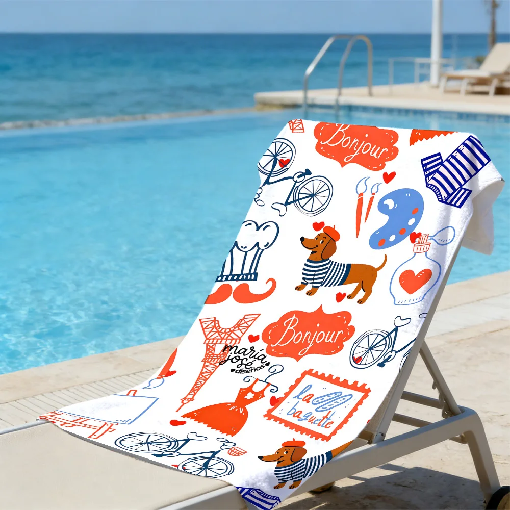 French Style Dachshund Beach Towel – Oversized Quick Dry Sand Free with Bonjour Print