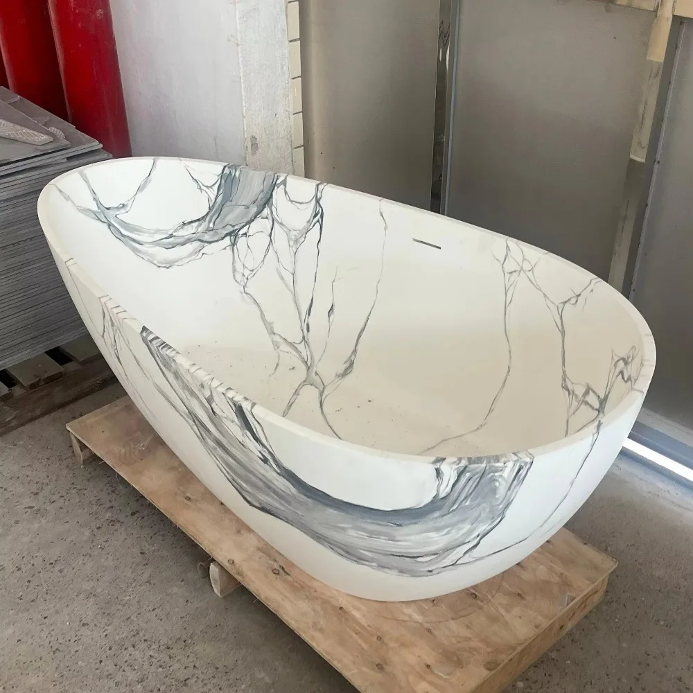 Luxury Oval Freestanding Bathtub Solid Marble Surface Artificial Composite Stone Bath Tub
