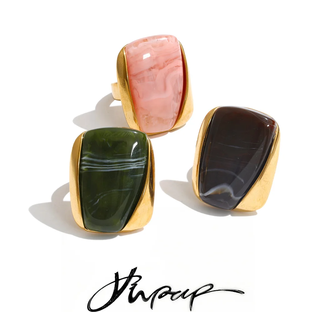 Yhpup Pink Green Coffee Color Acrylic Resin Rectangle Adjustable Ring 18K Gold Color Stainless Steel Fashion Jewelry