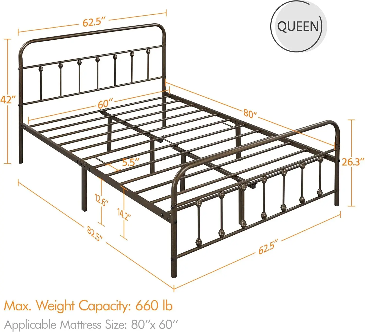 Classic Metal Platform Bed Frame Mattress Foundation with Victorian Style Iron-Art Headboard/Footboard/Under Bed Storage/No Box