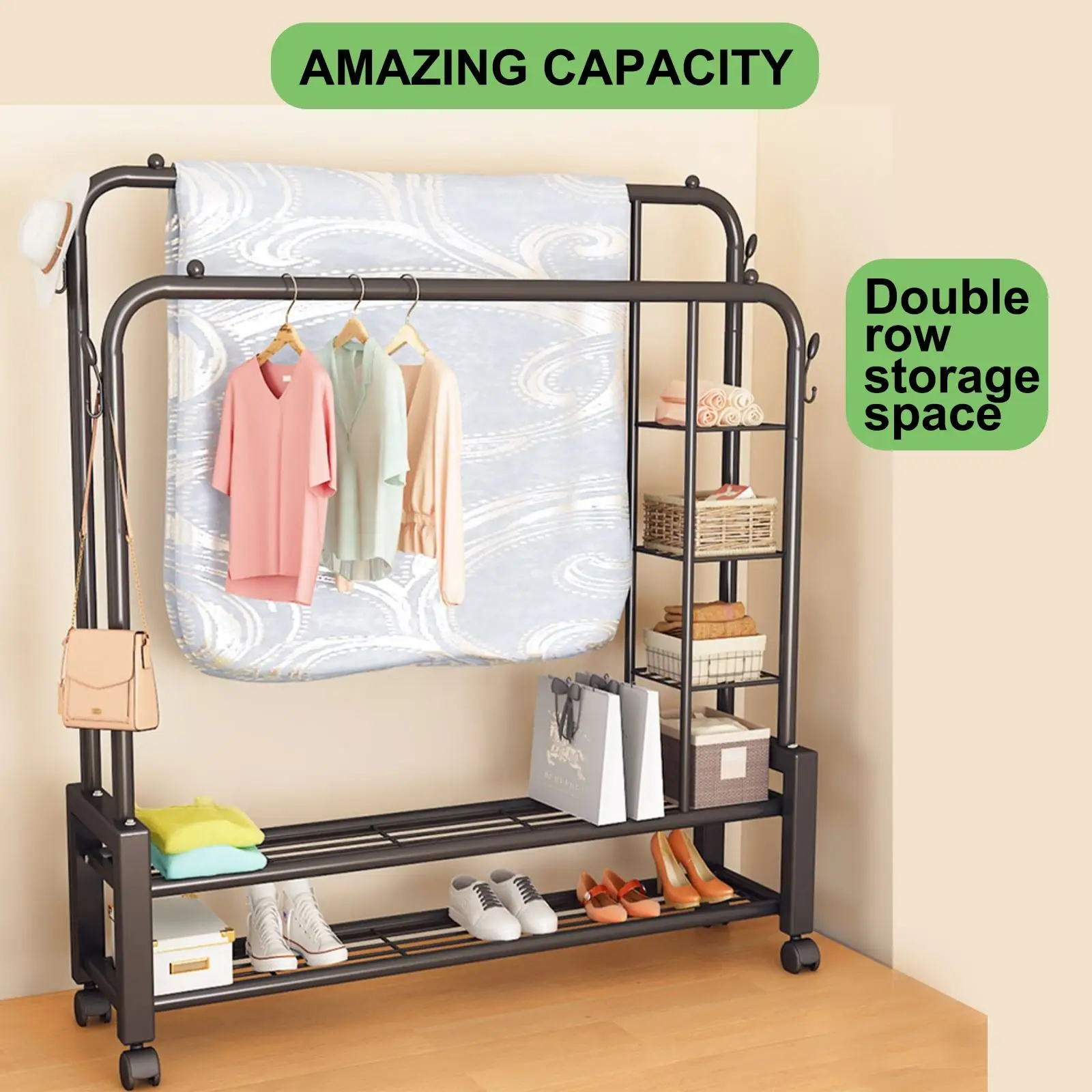 standing Metal Black Retail Garment Double Rod Boutique Display Shelves Clothes Racks Stands for Shops Store with Wheelspromote