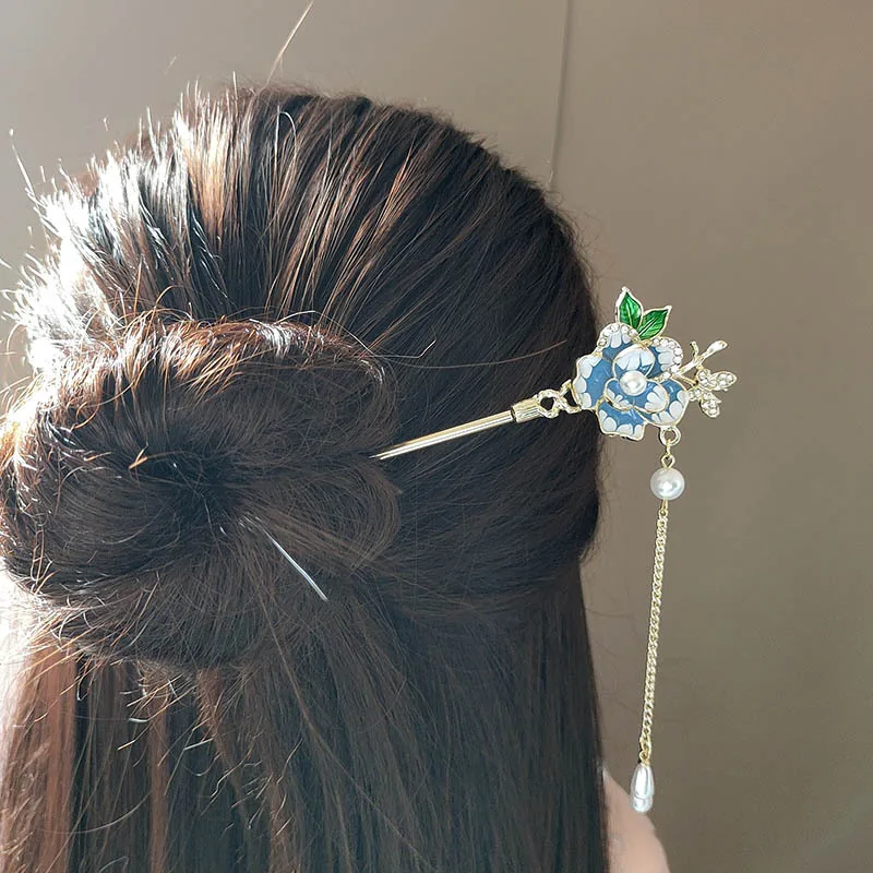 

Tassel hairpin, blue oil-dripping flower hairpin, new Chinese-style hairpin for women, step shaking hair accessory