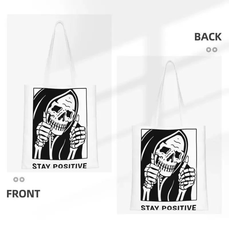 Stay Positive Skull Grocery Shopping Bags Custom Print Canvas Shopper Shoulder Tote Bags Large Capacity Portable Handbag