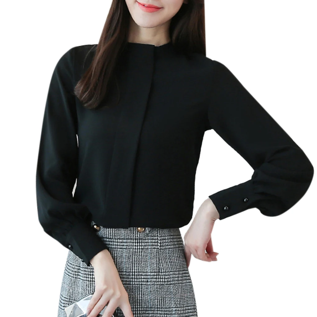 

Women Chiffon Shirt Solid Color Long Sleeves Blouse Girls Stand Collar Tops