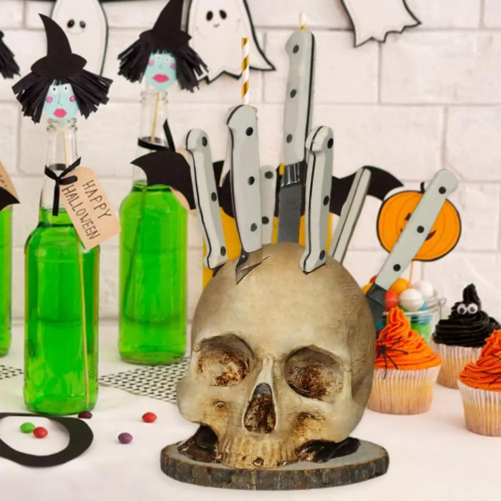 Skull-Shaped Knife Holder with Bone Texture Dark Horror Kitchen Decor for Halloween Gothic Style Stable Unique Gift for Horror F view 2
