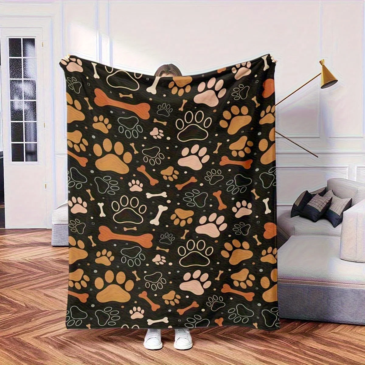 Ultra-Soft Flannel Sofa Throw Blanket - Plush Pet Bedspread & Couch Cover with Brown/Black Paw Prints & Bones