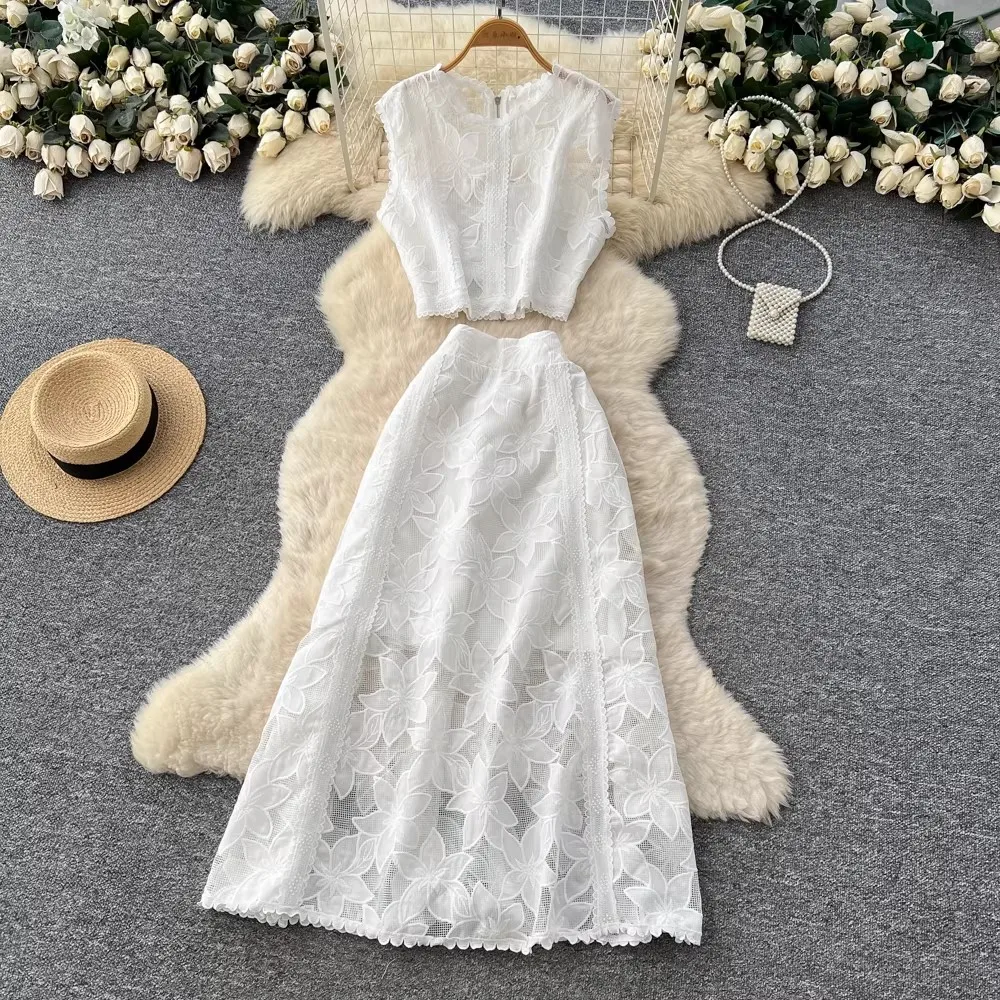 

Embroidery Two Piece Sets Women Elegant Hollow Out Crochet Sexy Crop Top A Line Midi Skirts Suits 2 Pcs Outfit Lace Long Dresses
