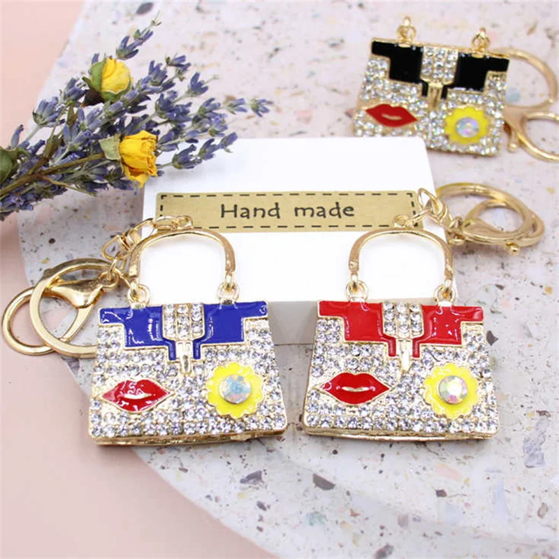 Creative Jewelry Key Chain Set Rhinestone Handbag Car Keychain Female Bag Accessories Key Chain Metal Enamel Pendant Keyfob