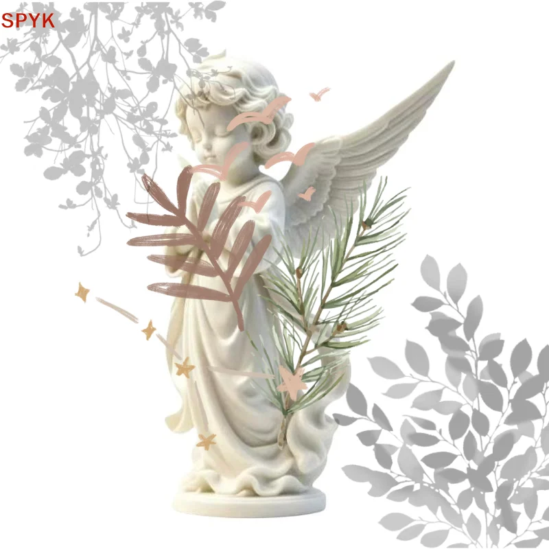 3D Printed Creative Angel Wings Statue Decoration Sweet Guardian Angel Figurine Girl Sculpture Office