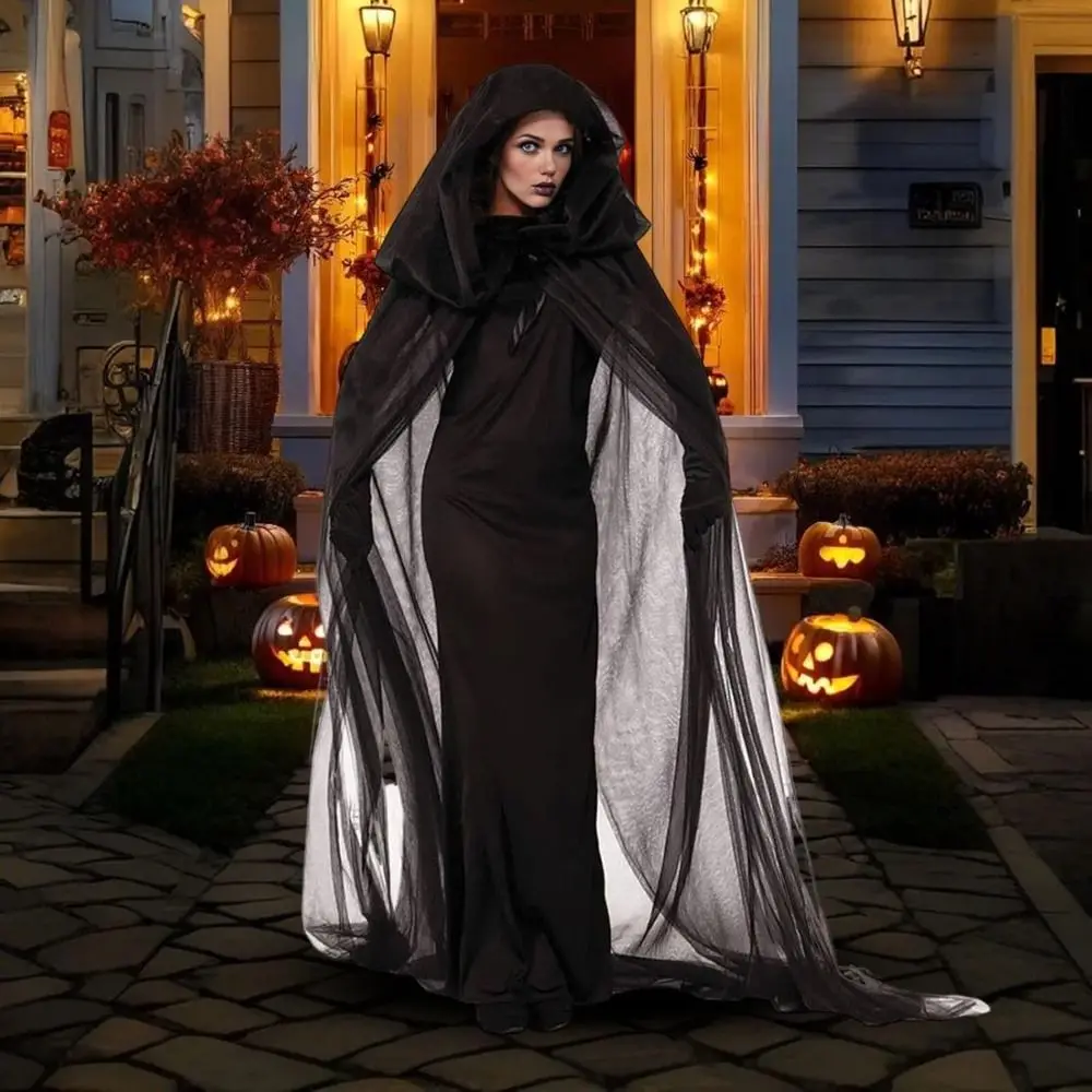 New Design with Oversized Hood Halloween Hooded Cloak Lace-up Black Color Overcoats Vintage Cosplay Costume