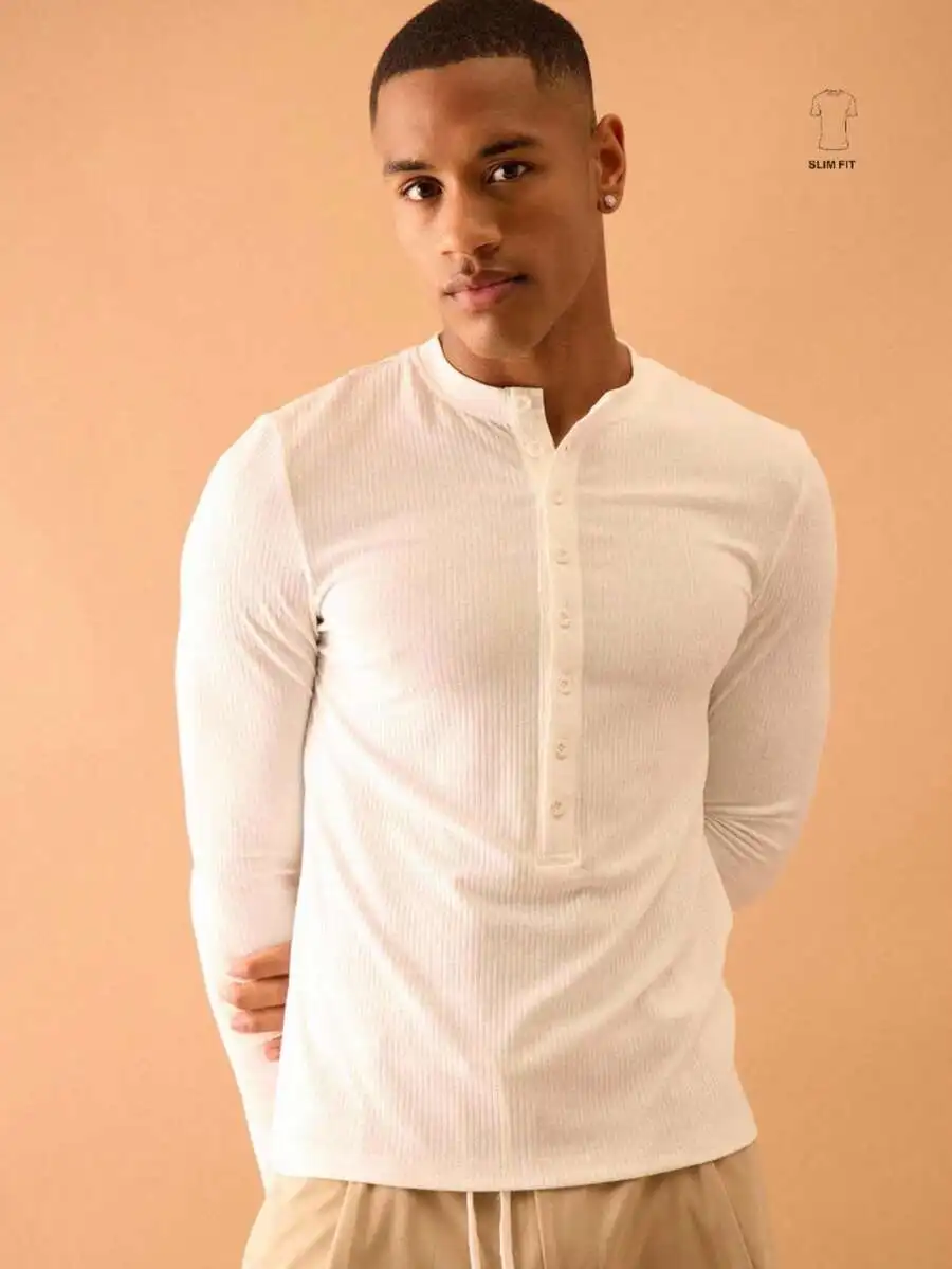 

Мужская рубашка-хенли с длинным рукавом, облегающего кроя, в рубчик - повседневная летняя одежда