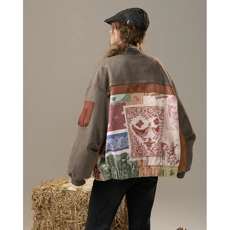ELFSACK 2025 nuevas llegadas de invierno chaqueta acolchada holgada con Panel estampado de bloques de Color bohemio para mujer