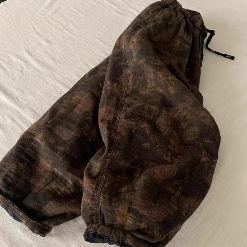 

Брюки с цветочным узором в китайском стиле, женские осенне-зимние свободные толстые женские хлопковые брюки в этническом стиле, повседневные брюки с эластичной резинкой на талии