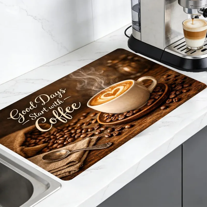 Vintage Coffee Bar Mat for Countertop Absorbent Dish Drying Mat Espresso Machine Pad Cute Coffee Station Decor Gift