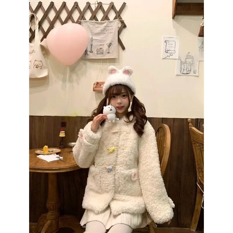 

Cute Student Button-Up Cotton Jaet Women's Faux Lamb Velvet Coat Autumn Winter Inteated Leather Fur ort Outerwear