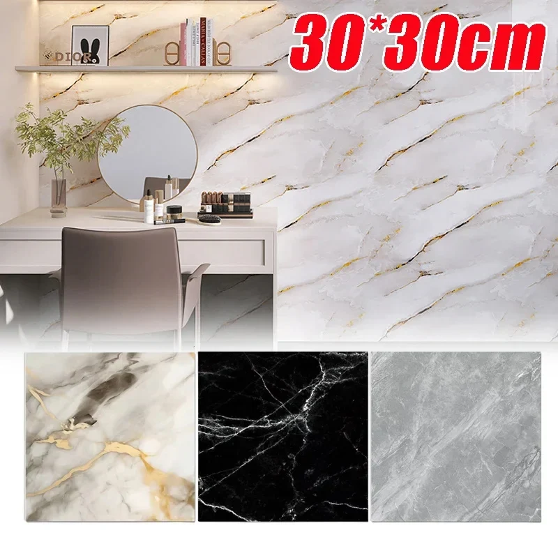 30*30cm Self-Adhesive Marble PVC Wall Decals Waterproof Removable Tiles for Bathroom Flooring Kitchen Counter Decoration