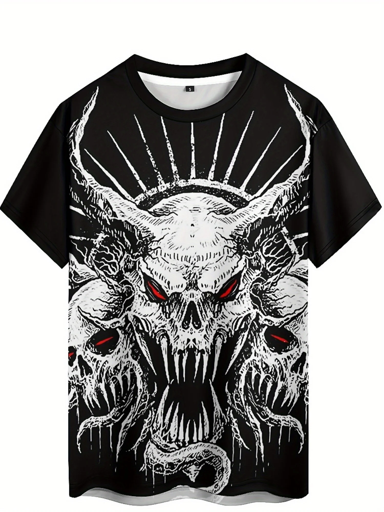 Camiseta masculina com estampa de caveira gótica do diabo – design de arte rock preto e branco, manga curta, poliéster, festa ouda