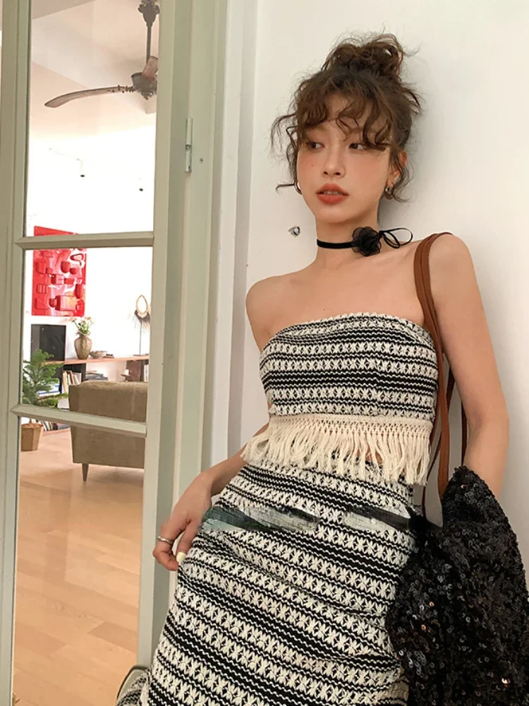 Femme Sexy Tassels Skirt Sets Fashion Korean Two Piece Set Women Sexy Sling Vest High Waist Casual Stripe Skirts Outfits