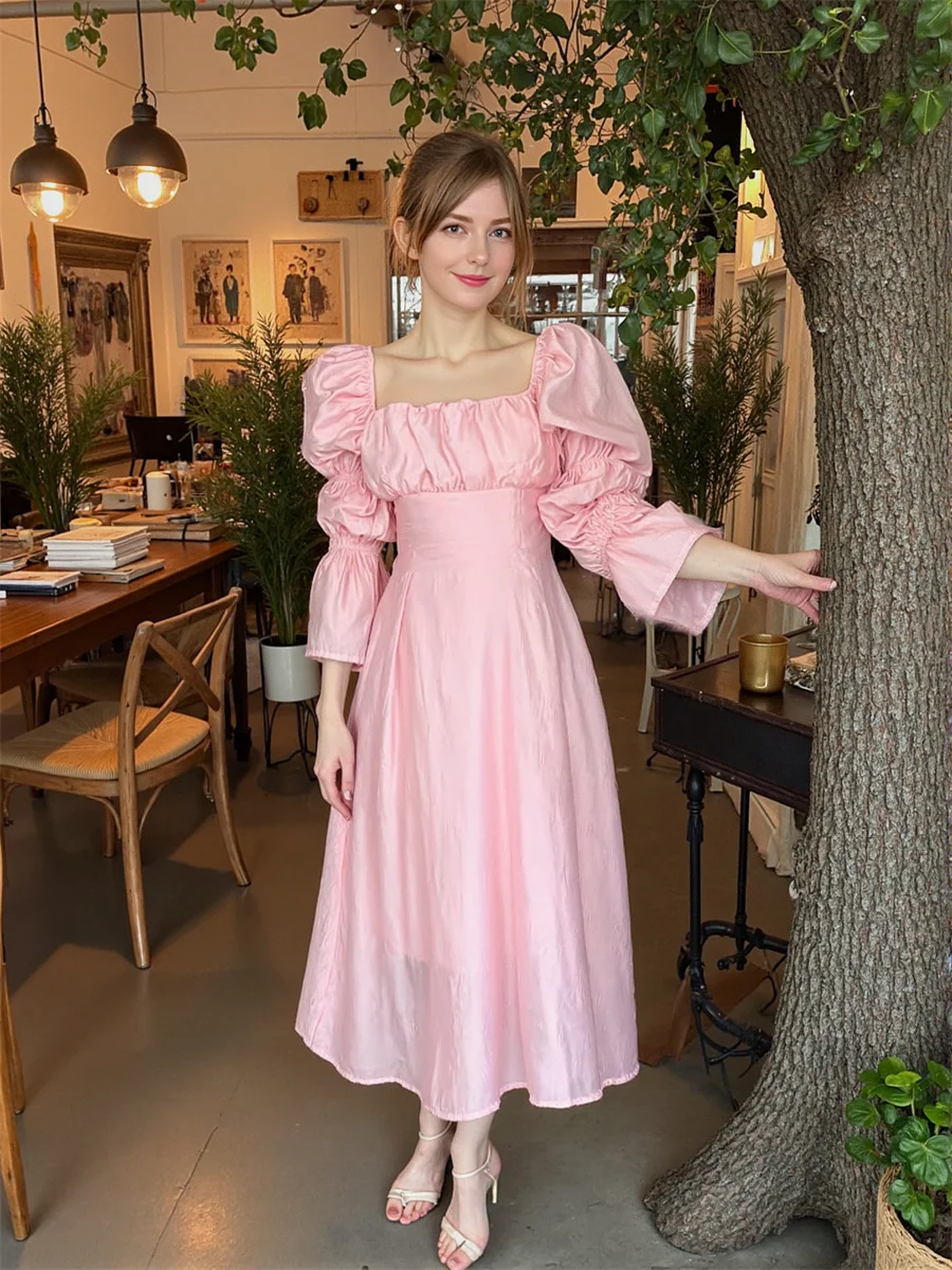 女性用ドレス 女性用 パーティー エレガント スクエアカラー フォールド フリル フリル ボウタイアップ ドローストリング ソフト ヴィンテージ ボヘミアン ロマンチック