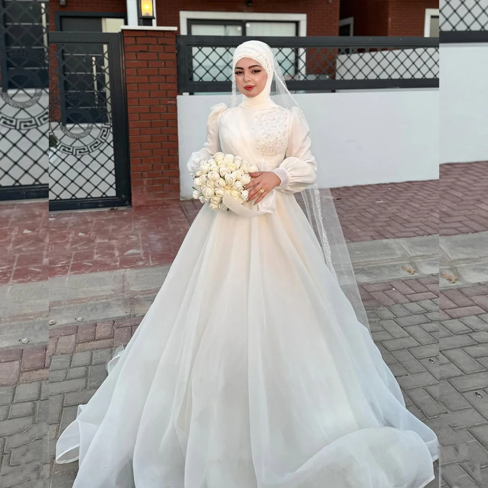 

Modern Glitter Tulle Wedding Dresses Long Sleeves High Neck for Women with Beading Sequined Bridal Gowns for Bride Customized