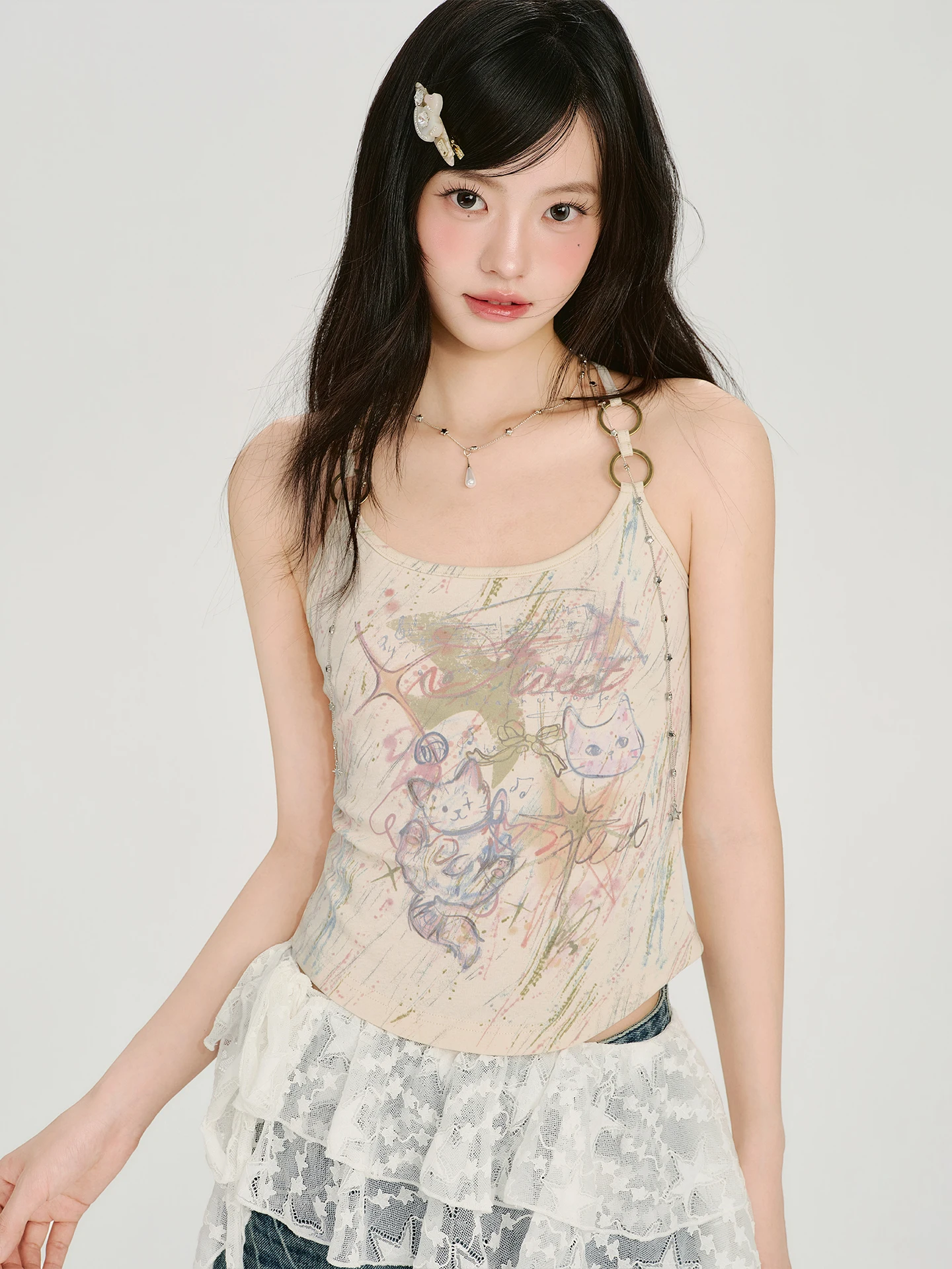 Girlyhalo American Retro Graffiti Print Halter Top Women Summer New Ring Buckle Design Slim Fit Top round Neck Short Length