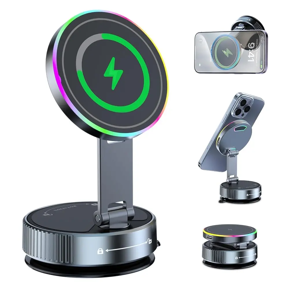 MagSafe Car Mount Charger 15W, Magnetic Wireless Car Charger with Vacuum Suction Cup, Strong Magnet Phone Holder for Dashboar