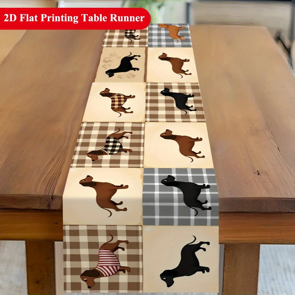 Cute Dressed Up Dogs Wearing Clothes Pattern Table Runner Funny Cartoon Puppy Pet Motif Decoration for Holiday Dining Home Party