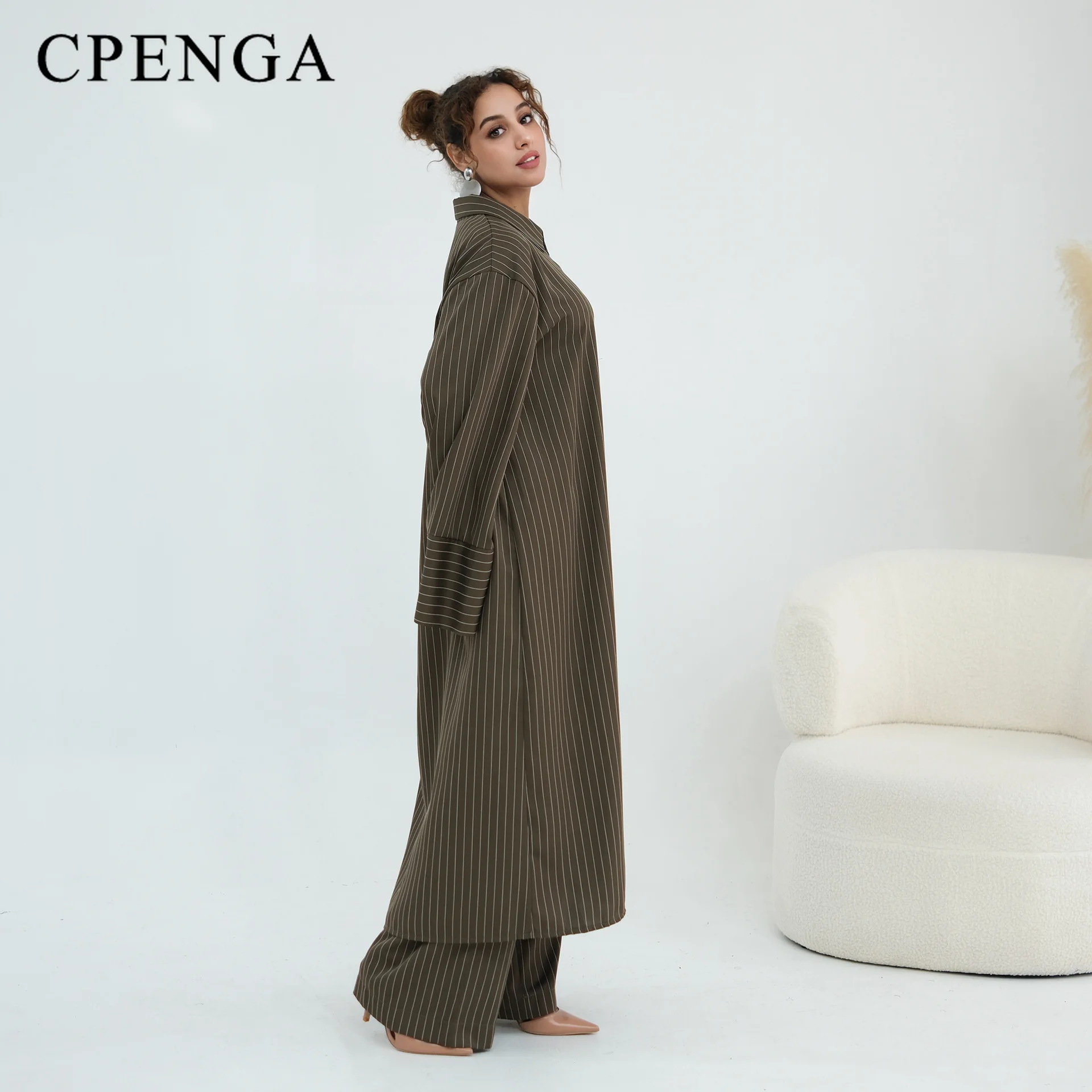Muslim Women 2 Piece Set Striped Abaya Modest Long Shirt Dress and Pants Suit Islamic Clothing New Turkey Casual Wear 2026