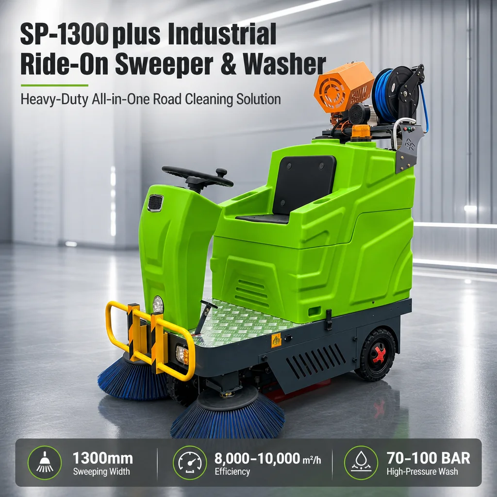SP-1300plus 48V Ride-on Electric Floor Sweeper 1300mm Industrial Road Sweeping Machine with 100Bar High Pressure Washer