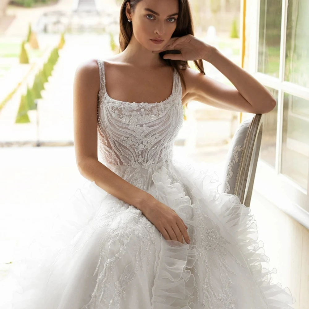 Vestido De novia clásico con volantes y tirantes finos, apliques De lentejuelas, vestido De novia personalizado, corte en A, vestidos De novia largos