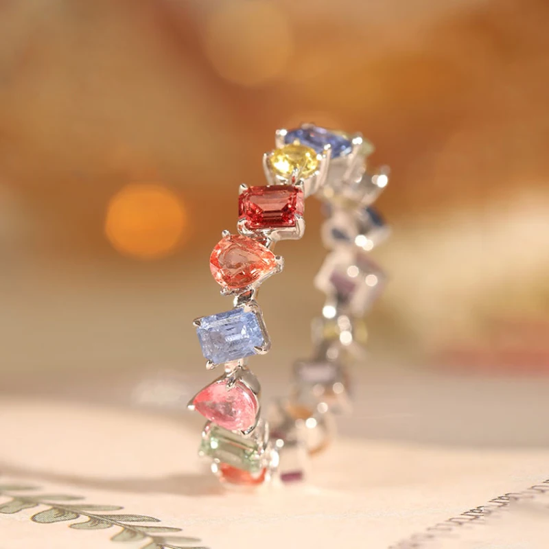 

Rainbow color Starlight Gem Rings for Women Fashion Light Luxury Sweet Style Irregular Water droplet Design Wedding Jewelry