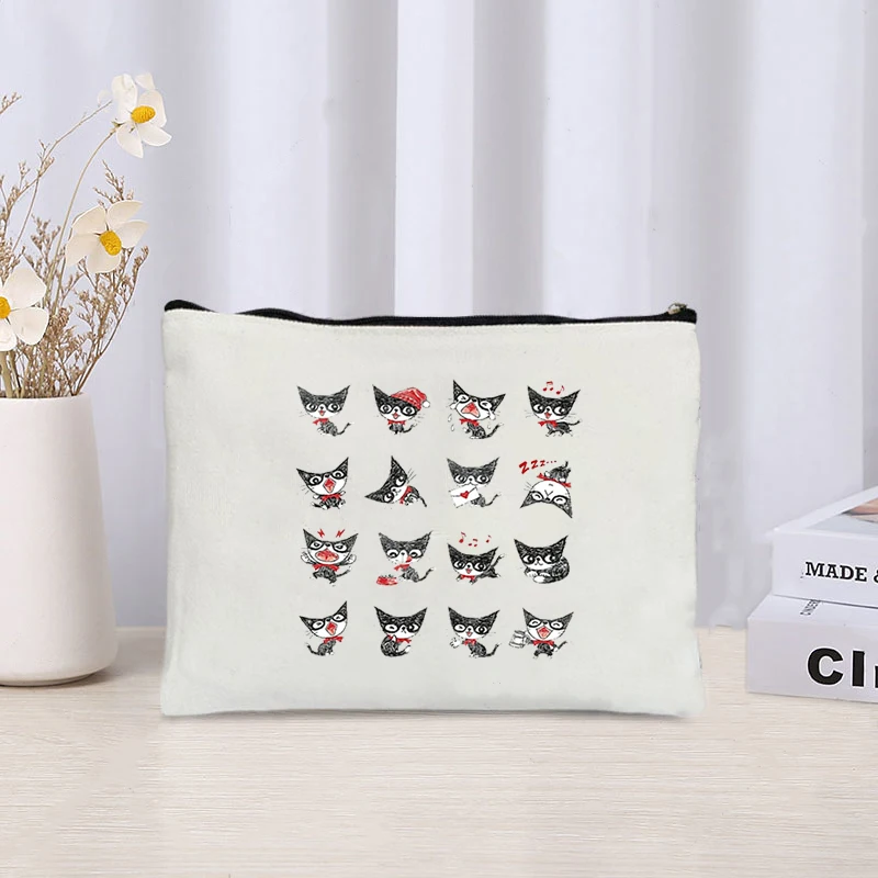 Bolsa de cosméticos de lona para mujer, organizador con estampado de gatos divertidos, con cremallera, almacenamiento de artículos diversos, bolsa de maquillaje, suministros de oficina, estuche para lápices