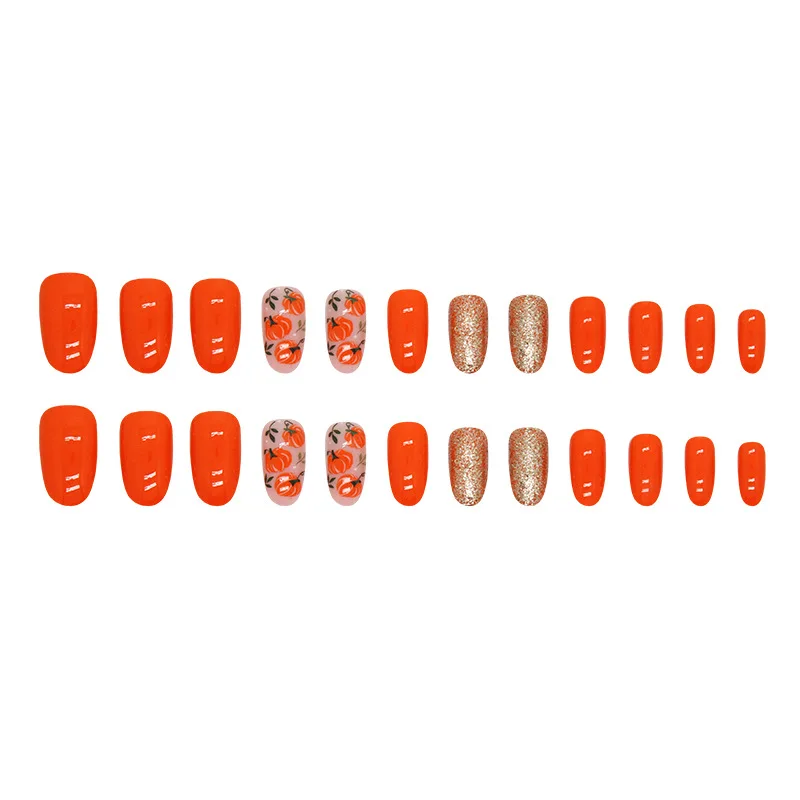 24 Pcs Medium Length Oval Press on Nails To Stick on Kawaii Cute Pumpkin Glitter Autumn Women'sacrylic Full Set Fake Nail Art