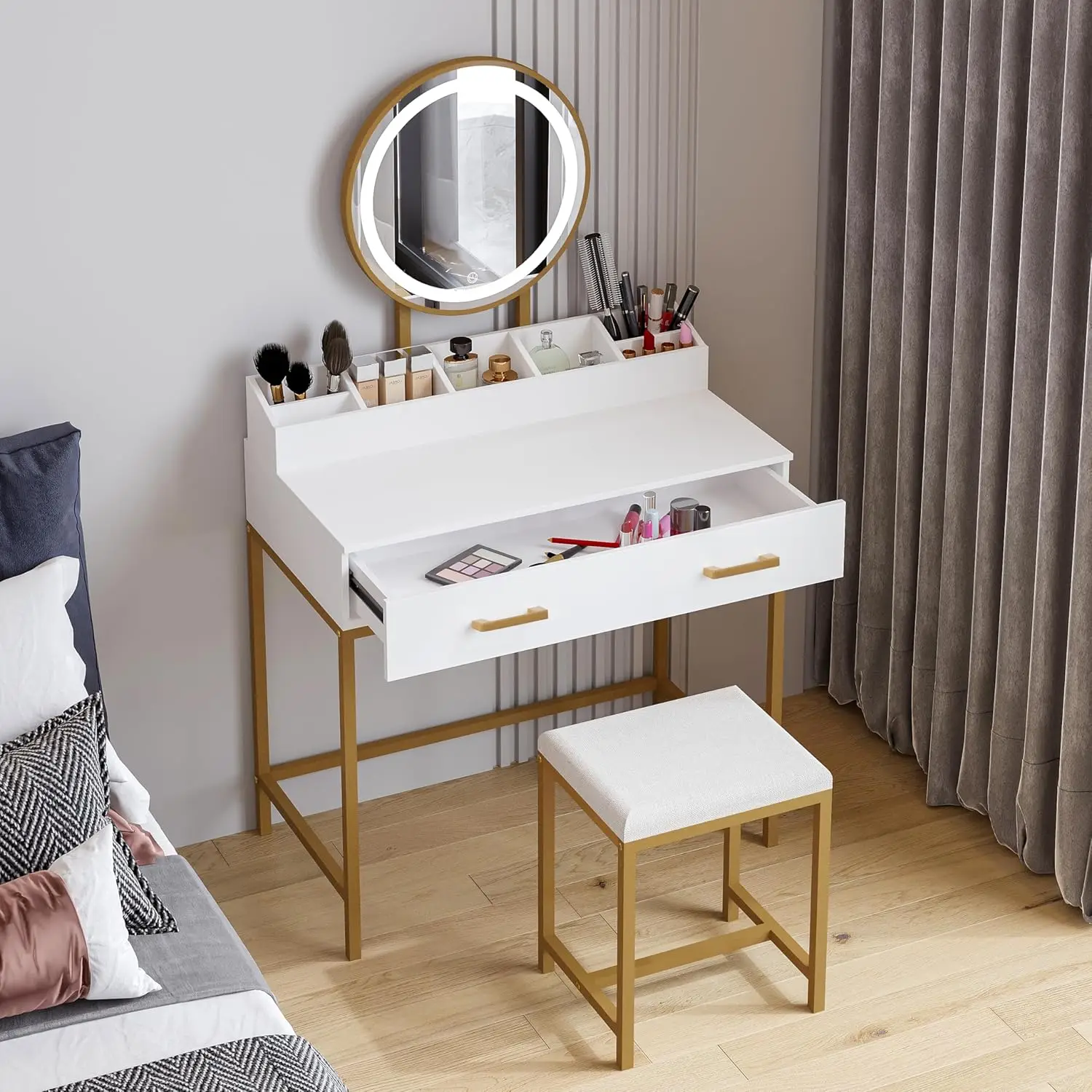 Bedroom Makeup Vanity Set in White and Gold with Mirror, Lights, Drawers, 3 Lighting Modes and Cushioned Stool view 2