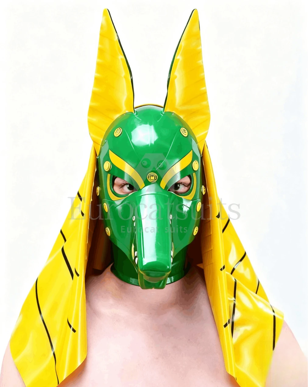 

rubber hood yellow green style latex hood full face mask long ears decorative rivets cosplay costume party customized