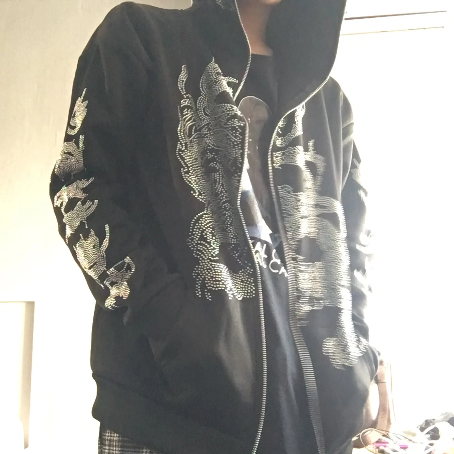 Y2k Fashion Rhinestone Zip Up Hoodie Men Black Hoodie Grunge Oversized Sweatshirt Punk Harajuku Long Sleeve Outerwear 2024